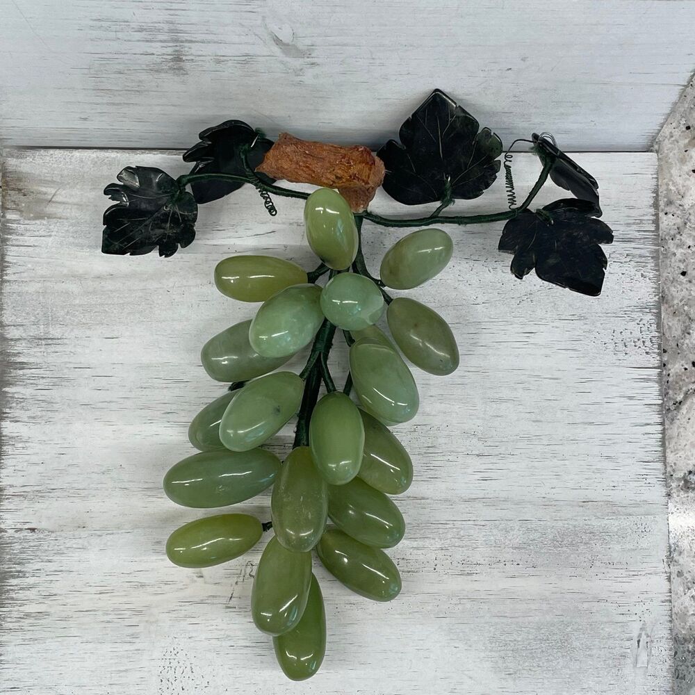 Vintage MCM Stone Grape Cluster Hand Carved Alabaster Marble Fruit Stone Leaves